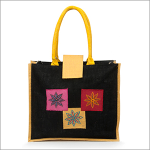 Personalised Jute Lunch Bags - Jute Leather, 12x12x4 inches, Black with Yellow Leather Handles | Durable, Eco-Friendly, Stylish, Customizable, Versatile