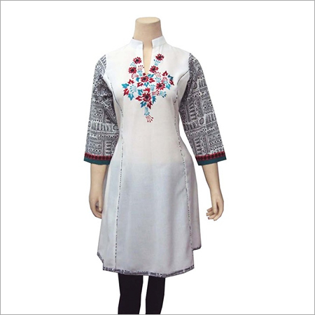 DESIGNER BLACK WHITE PRINTED AND SOLID COMBINATION EMBROIDERED KURTI