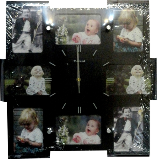 Wallclock With Frame - Wood/Glass, 12x12 Inches, Black Quartz | Personalized Wall Frame, 8 Photo Slots, Modern Design