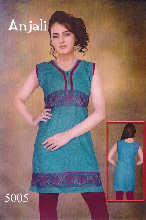 Cotton Kurti - Cotton, Knee-length, Teal | Soft Cotton, Stylish Design, Comfortable Fit, Elegant Look, Durable Fabric, Breathable Material, Sleeveless V-neck