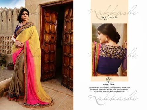 Yellow And Pink Nakkashi Designer Marriages Sarees