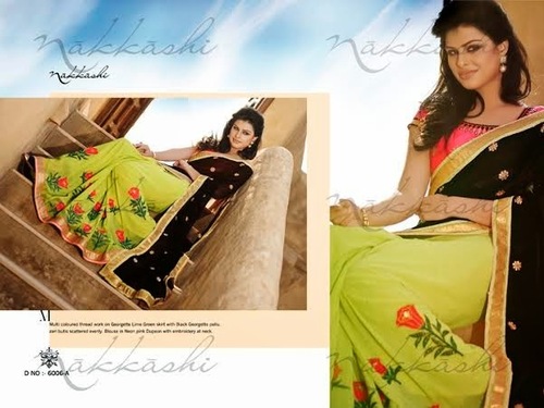 Black And Parrot Green Nakkashi Designer Colorfull Sarees