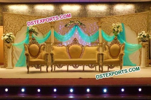 Asian Wedding Stylish Wooden Carved Love Sofa Set - Wood, Leather, Two Seater, Gold, Hand Carved, Deco Painted