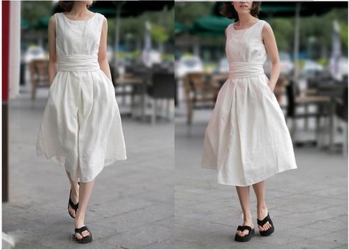 GOPCHE linen formal/regular wear white dress