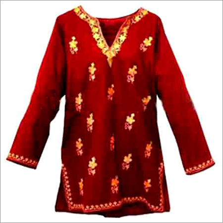 Ladies Kurta - Soft Fabric, Red, V-Neck, Long Sleeves | Floral Embroidery, Comfortable, Stylish, Semi-Stitched