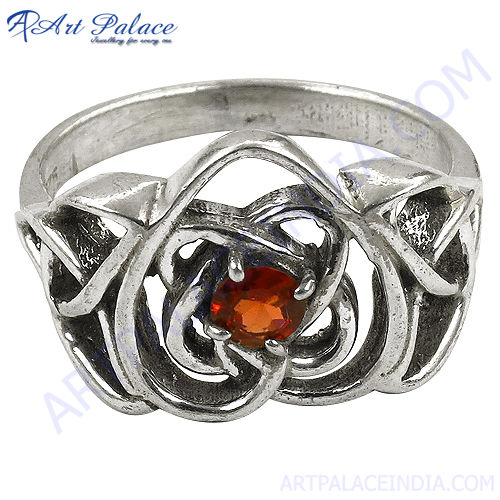 Designer Heart Shape Garnet  Silver Ring