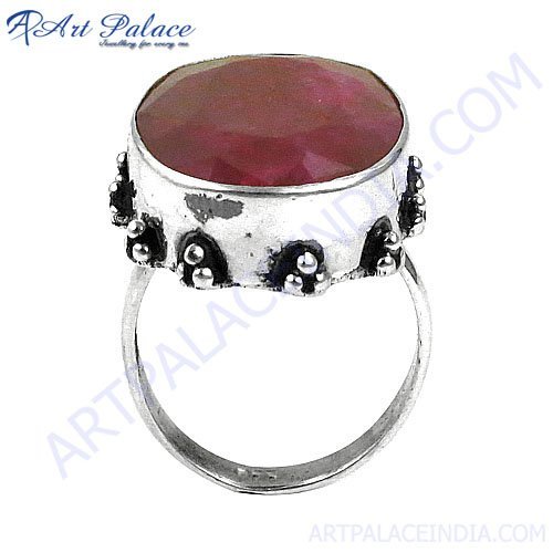 Party Wear Dyed Ruby Stone Silver Ring By ART PALACE