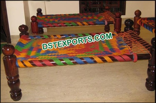 Punjabi Wedding Decor Manjis - Wood and Fabric, Brown, Variable Dimensions | Handcrafted Intricate Design, Polished Finish, Durable and Elegant Traditional Style