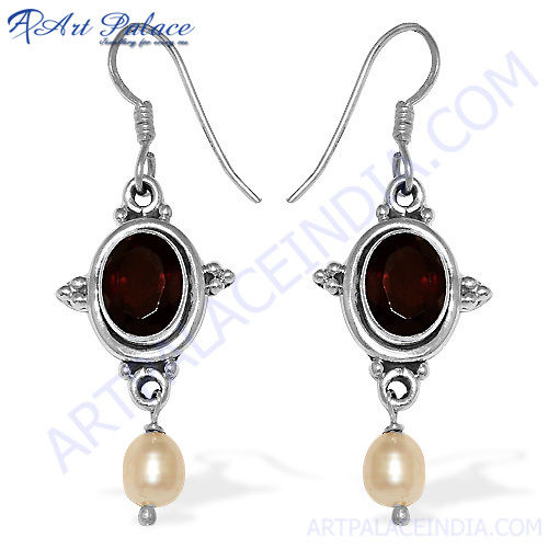 Indian Silver Garnet Pearl Earrings