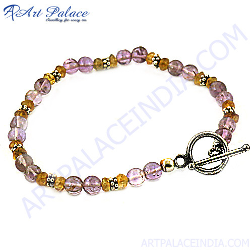 Purple & Yellow Bead Silver Bracelet