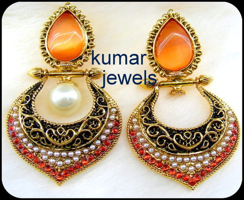Sunset Pearl Earring - Metal, Pearl & Zircon, 2x1 cm, Orange | Elegant Dangle Design, Freshwater Pearls, Sunset Stone