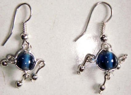 Designer Ear Ring - 15x10 mm , Sterling Silver, Dark Blue Cat's Eye Stone, Dangle Style, Elegant Design, Polished Finish, Fine Detail, 2 grams