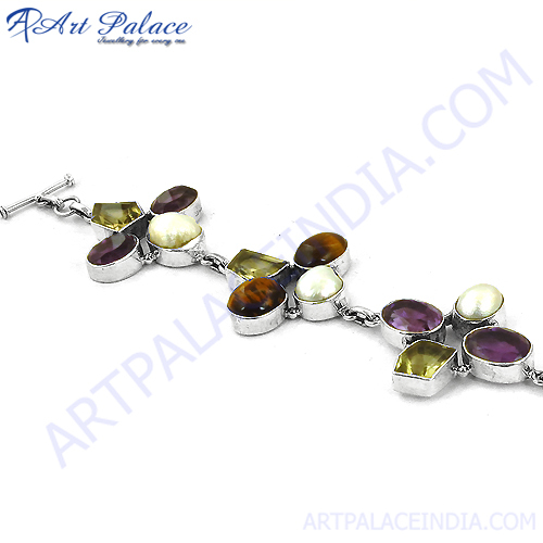 Flower Desgin Multi Stone Silver Bracelet