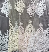 Net Embroidery Fabrics - Polyester, 54 Inches Wide, Off-white | Colorfast, Durable Fabric, Elegant Look, Unique Floral Design, Versatile Use