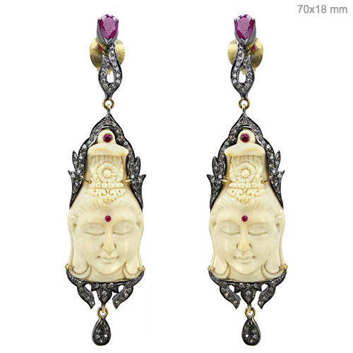 Ivory Carving Diamond Gold Earrings