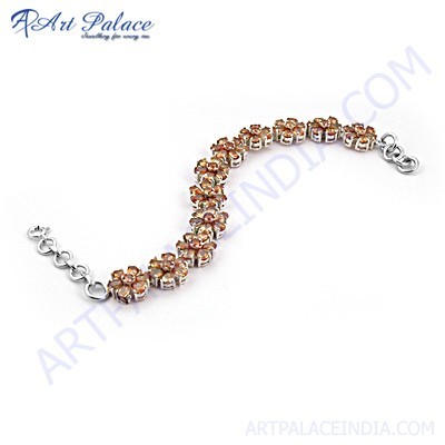 Flower Desgin Peach Zirconia Silver Bracelet