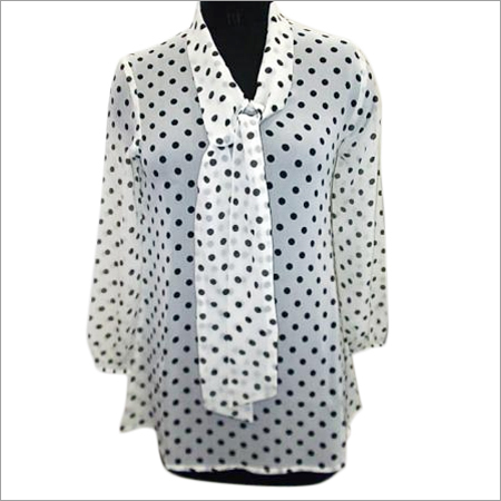 Women Tops - Chiffon, S-XL, White | Stylish Design, Soft Fabric, Comfortable Fit, Three-Quarter Sleeve, Polka Dots