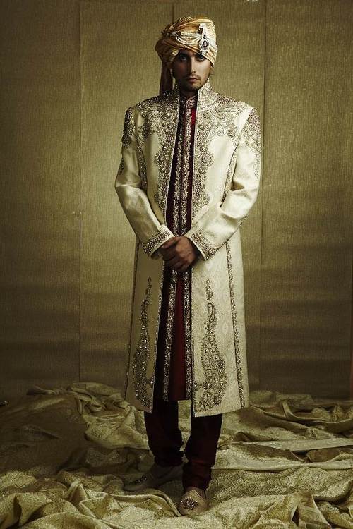 Jamawar Sherwani - Fine Fabric, Off-White, High Neck Collar | Antique Beads Embroidery, Sequins, Lightweight Wedding Attire