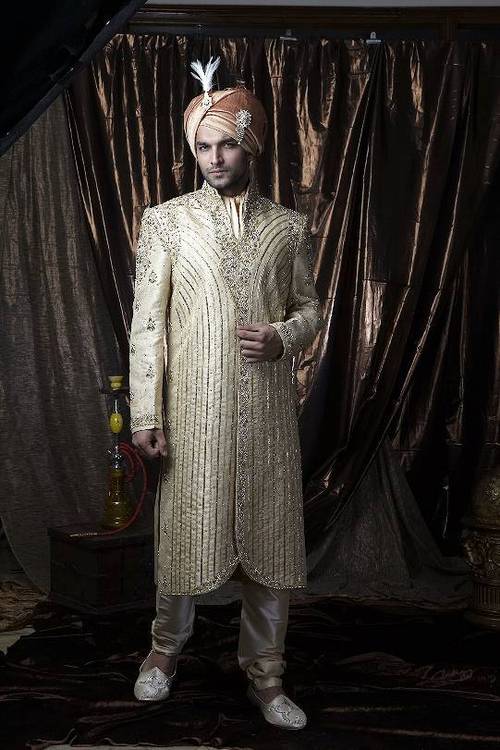 Traditional Wedding Sherwani - Brocade Fabric Customizable Size Off-white Color | Comfortable Elegant Design Intricate Look Lightweight Skin Friendly