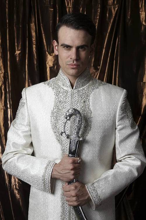 Off White Sherwani - Silk Blend, Length: 45 Inches, Color: Off-White | Embroidered with Beads & Kundan, Trendy Patterns, Royal Look, Traditional Touch