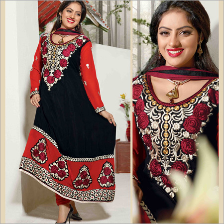 Salwar Kameez - Silk Cotton, Size S-XL, Black Red | Elegant Design, Intricate Embroidery, Comfortable Fit