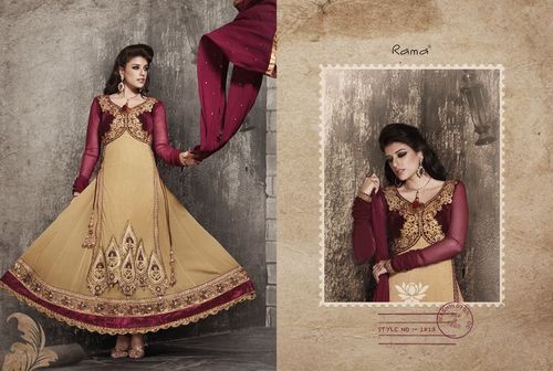 NEW LATEST Long Gown Style Suits - Silk Blend, 54 Inches, Beige | Handcrafted Embroidery, Elegant Anarkali Fit