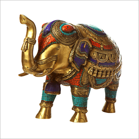 Bronze Elephant Statue with Semi-Precious Stone Inlay, Gold Finish, Intricate Carvings, Classic Salutation Pose