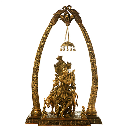 Bronze Carved Tusk set, Krishna, Cow and Bell