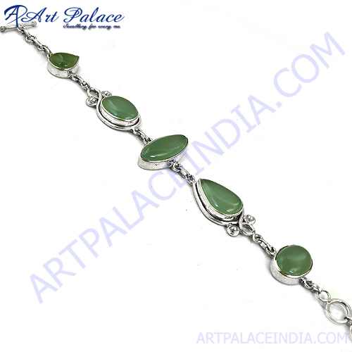 Green Aquamarine Ethnic Silver Bracelet