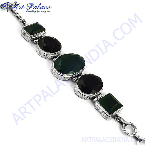 Black  Green Onyx Silver Bracelet