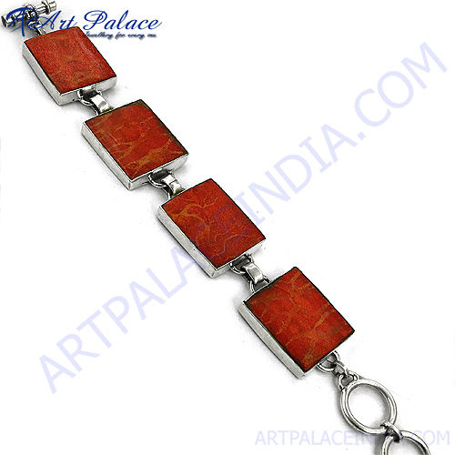 Red Sponge Coral Silver Bracelet
