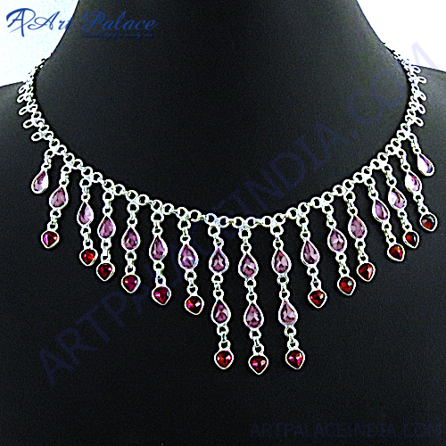 Heart Style Amethyst Garnet Silver Necklace