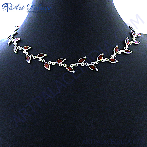 Designer Leaf Style Garnet Silver Necklace By ART PALACE