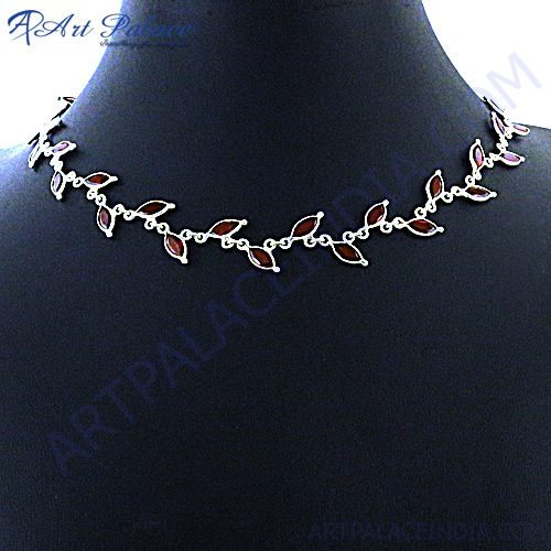 Designer Leaf Style Garnet Silver Necklace