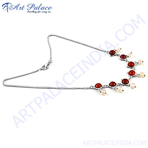 Stylish Red Onyx & Rose Quartz Silver Necklace