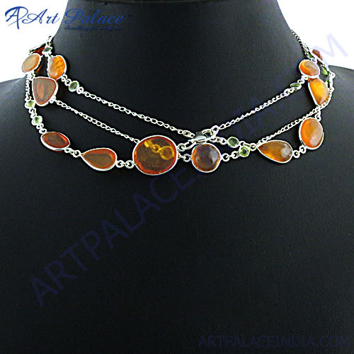 Orange Amber Peridot silver Necklace