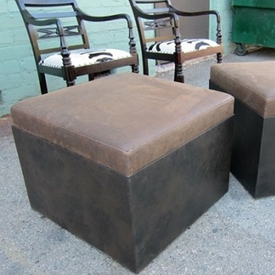 Aged Leather and Iron Ottoman
