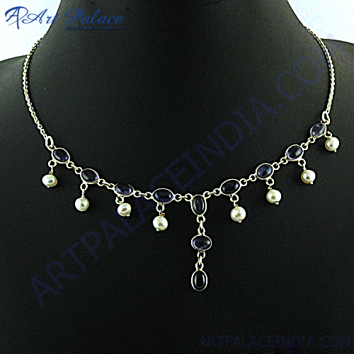 Excellent New Iolite Pearl Silver Necklace