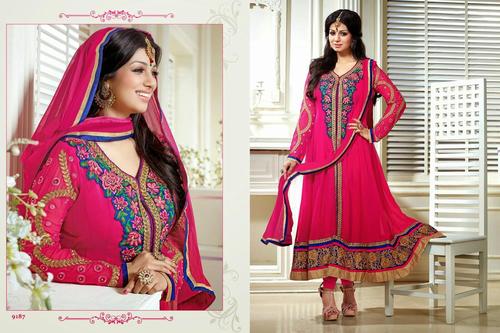 Designer Anarkali Suits - Georgette Pink, Ankle Length, Long Sleeves | Floral Embroidery, Elegant Design, Comfortable Fit, Semi-Stitched