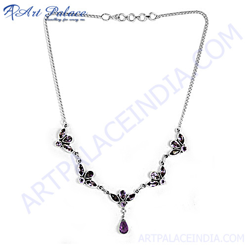 Amethyst And Drop Gemstone Silver Necklace 