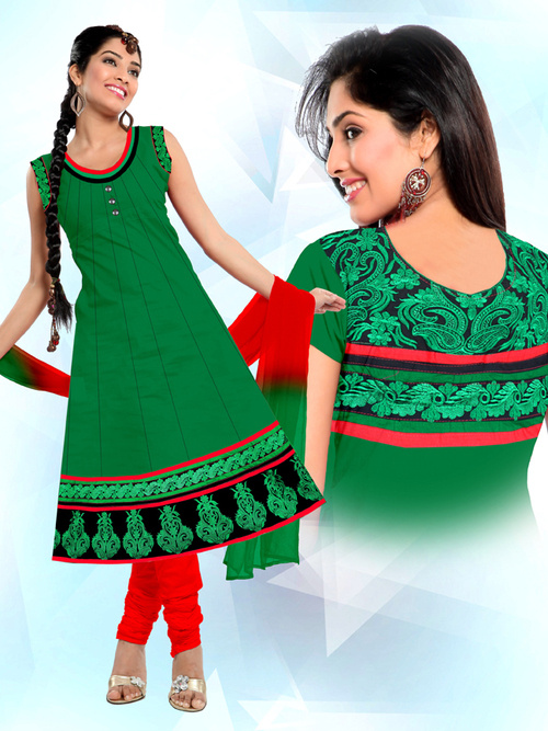 Green And Red Readymade Print Salwar Kameez