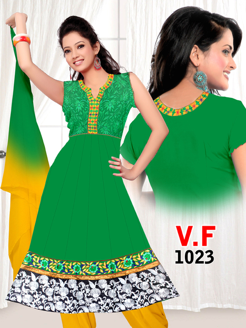 Green And Yellow Readymade Fancy Printed Suits