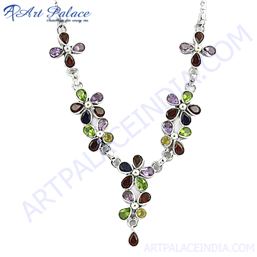 Amethyst Citrine  Garnet  Iolite  Gemstone Silver Necklace 