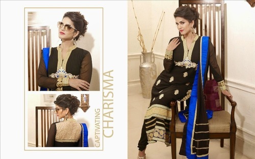 Splendid Anarkali Salwar Kameez - Faux Georgette Fabric, Santoon Bottom, Chiffon Dupatta | Embroidered, Patch And Zircon Work, Full Sleeves, Party Casual Wear