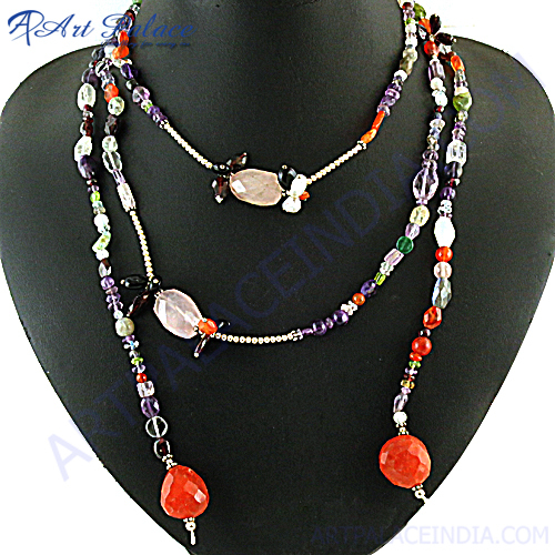 Hot Selling Long Silver Necklace Multi Gemstone Silver Necklace By ART PALACE