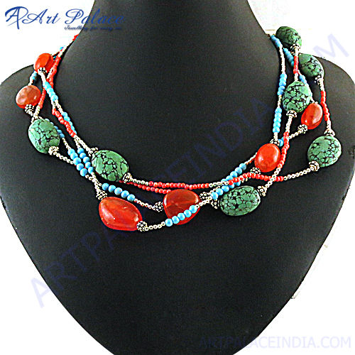Wholesale Handmade Red Onyx  Synthetic Coral & Synthetic Turquoise Beaded Necklace
