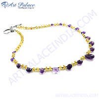 Fabulous Amethyst & Citrine & Garnet Silver Necklace - 925 Sterling Silver, Drop Button Pear Round Shape, 19.3g | Daily, Party, Wedding Wear