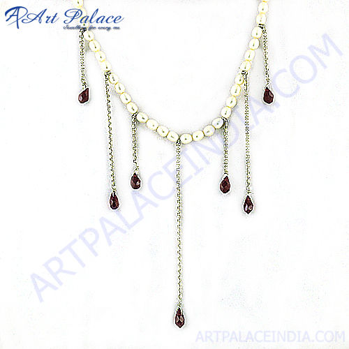 Gorgeous Garnet & Pearl Gemstone Silver Necklace