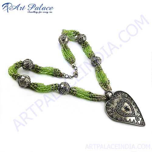 Traditional Peridot Beaded Silver Necklace By ART PALACE