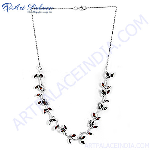 Elegant Fancy Garnet Leaf Silver Necklace